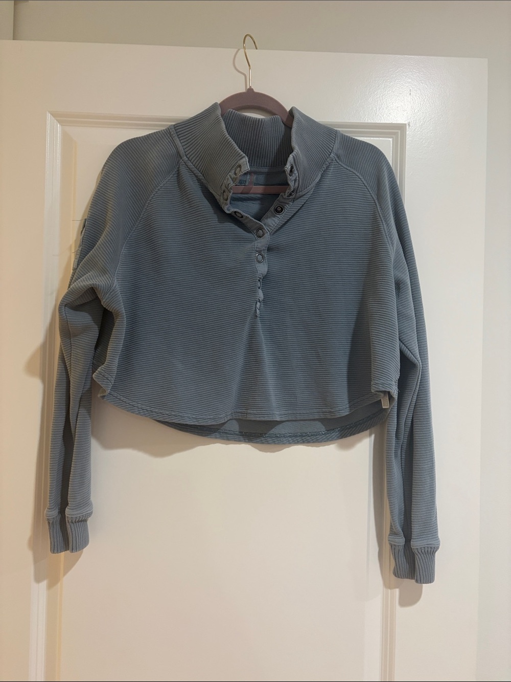 FP Movement by Free People Cropped Button-Front Pullover in Dusty Blue-Grey